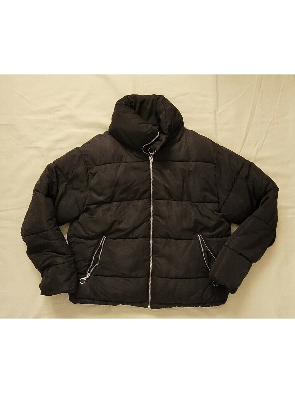 Forever 21 Women's Small Black Puffer Jacket Silver Zip High Collar Y2K